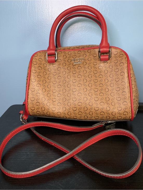 Guess Handbags - Guess Brown Monogram Satchel with Red Trim and Strap